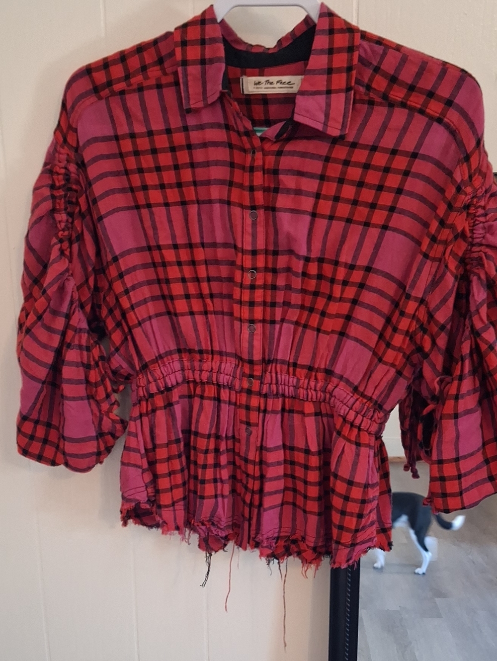 We The Free Red/Pink Plaid Collared Snap-Front Peplum Top Adjustable Sleeves